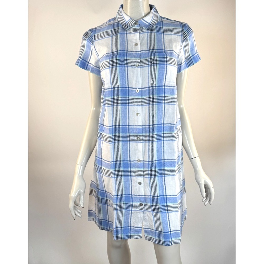 J Jill Love Linen Plaid‎ Shirt Dress Women XS EUC Short Sleeve Pockets Collared